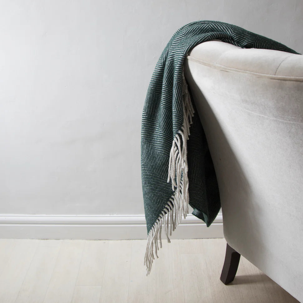 Tielle 100% New Wool Herringbone Blanket - Forest Green
