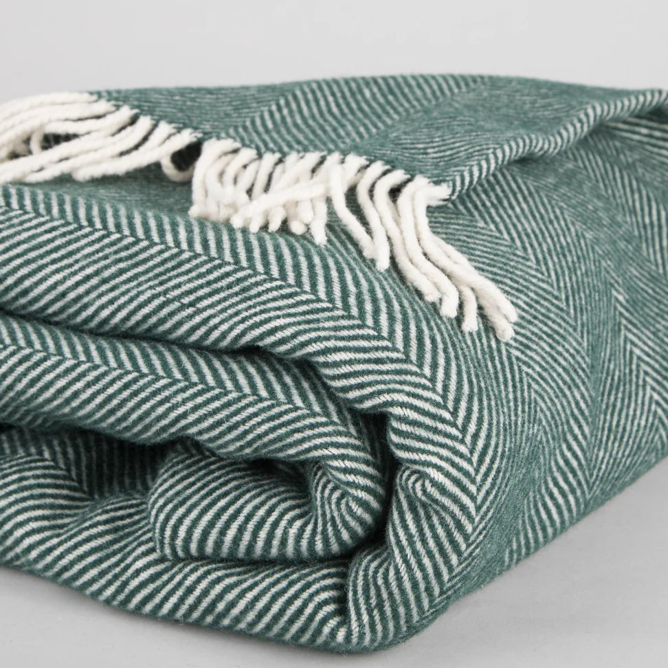 Tielle 100% New Wool Herringbone Blanket - Forest Green