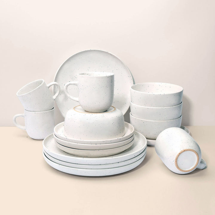 Gailarde Dinnerware Set Deluxe 4 Person - White Speckle Stoneware (Inc. Cutlery & Glasses)