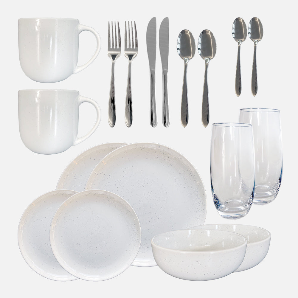 Gailarde Dinnerware Set Deluxe 2 Person - White Speckle Stoneware (Inc. Cutlery & Glasses)