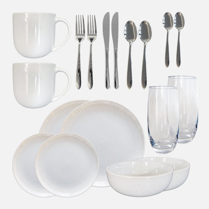Gailarde Dinnerware Set Deluxe 2 Person - White Speckle Stoneware (Inc. Cutlery & Glasses)