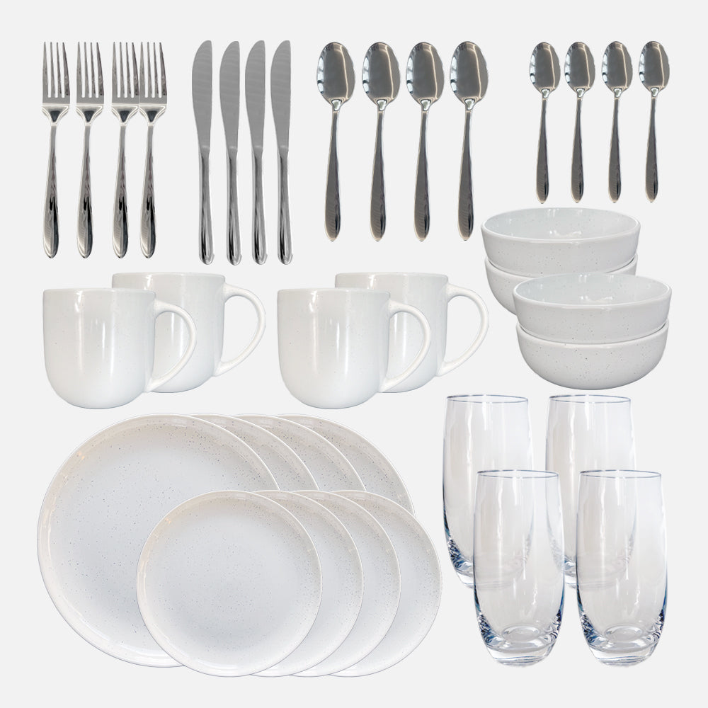Gailarde Dinnerware Set Deluxe 4 Person - White Speckle Stoneware (Inc. Cutlery & Glasses)