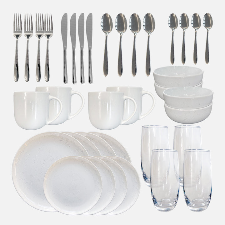 Gailarde Dinnerware Set Deluxe 4 Person - White Speckle Stoneware (Inc. Cutlery & Glasses)