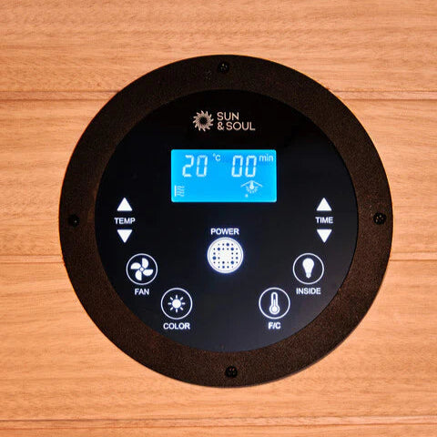 Control panel with digital display on a infra red sauna, featuring the brand 'Sun & Soul'.