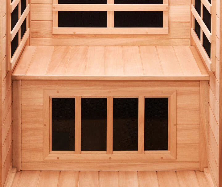 Wooden sauna with bench and glass panels