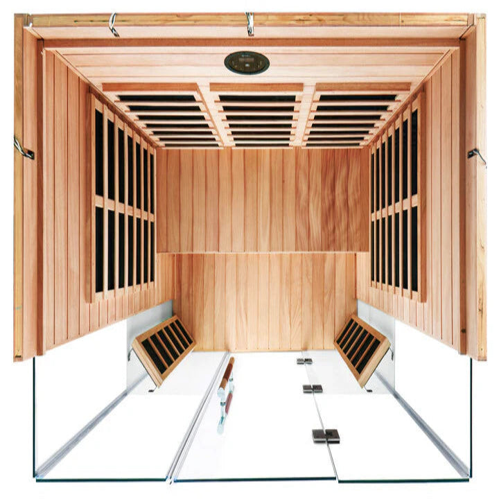 Wooden sauna with benches and glass doors on a white background