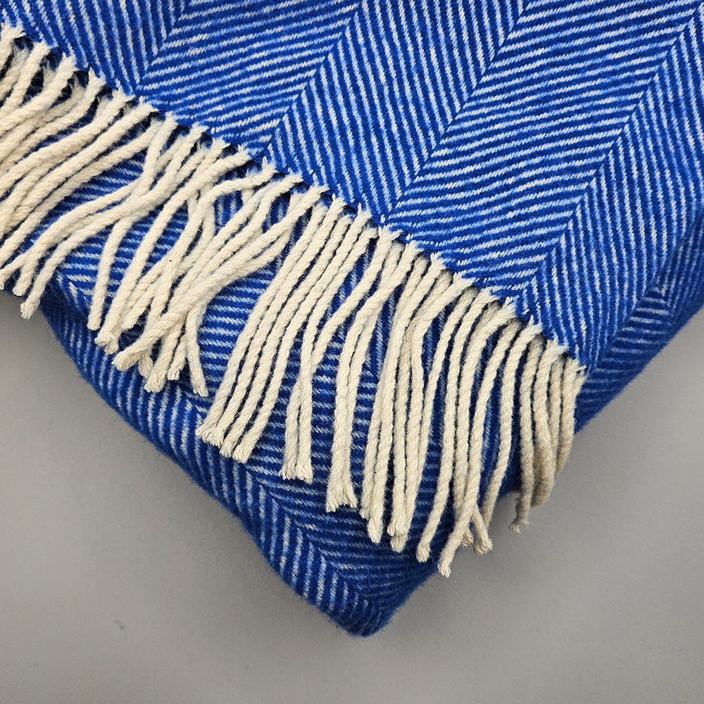 100% New Wool Herringbone Blanket - Cobalt Blue