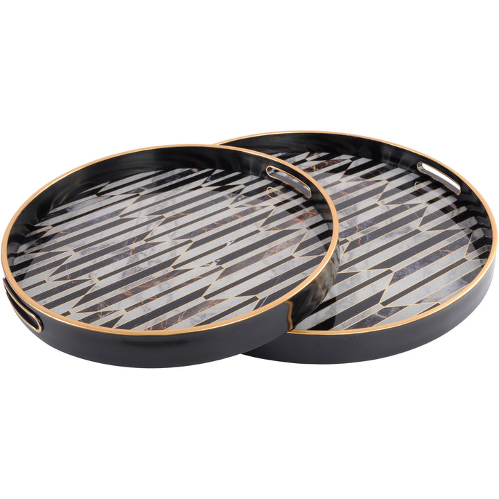 Libra Black And Antique Gold Geometric Pattern Trays - Set of 2