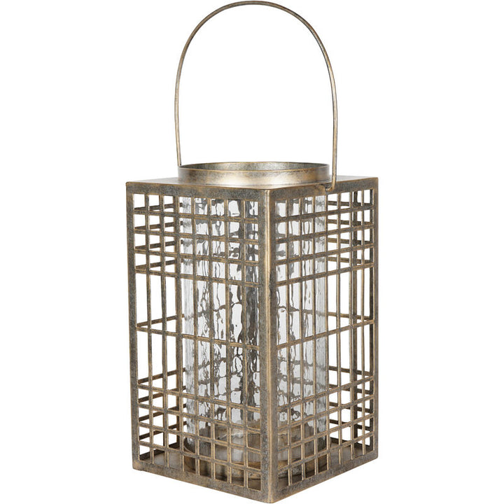 Libra Barossa Fretwork Square Lantern in Aged Gold with Glass Flute 33cm