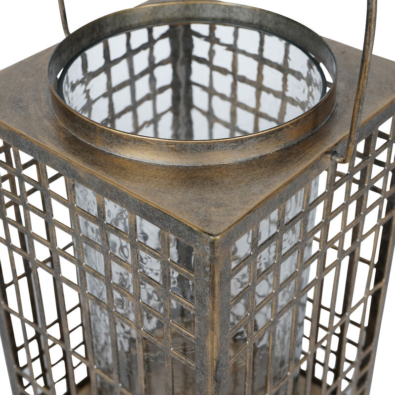 Libra Barossa Fretwork Square Lantern in Aged Gold with Glass Flute 33cm
