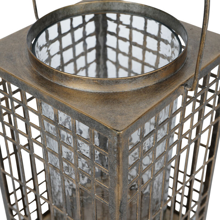 Libra Barossa Fretwork Square Lantern in Aged Gold with Glass Flute 33cm