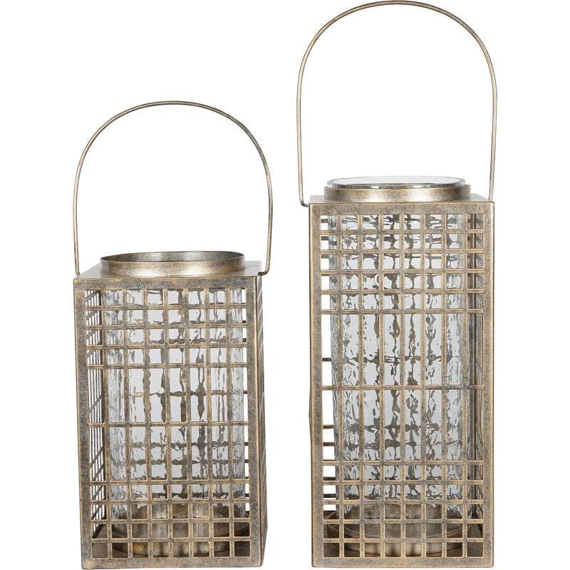 Libra Barossa Fretwork Square Lantern in Aged Gold with Glass Flute 33cm
