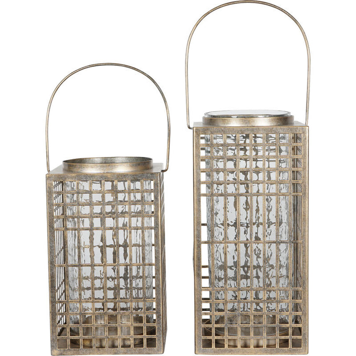Libra Barossa Fretwork Square Lantern in Aged Gold with Glass Flute 33cm