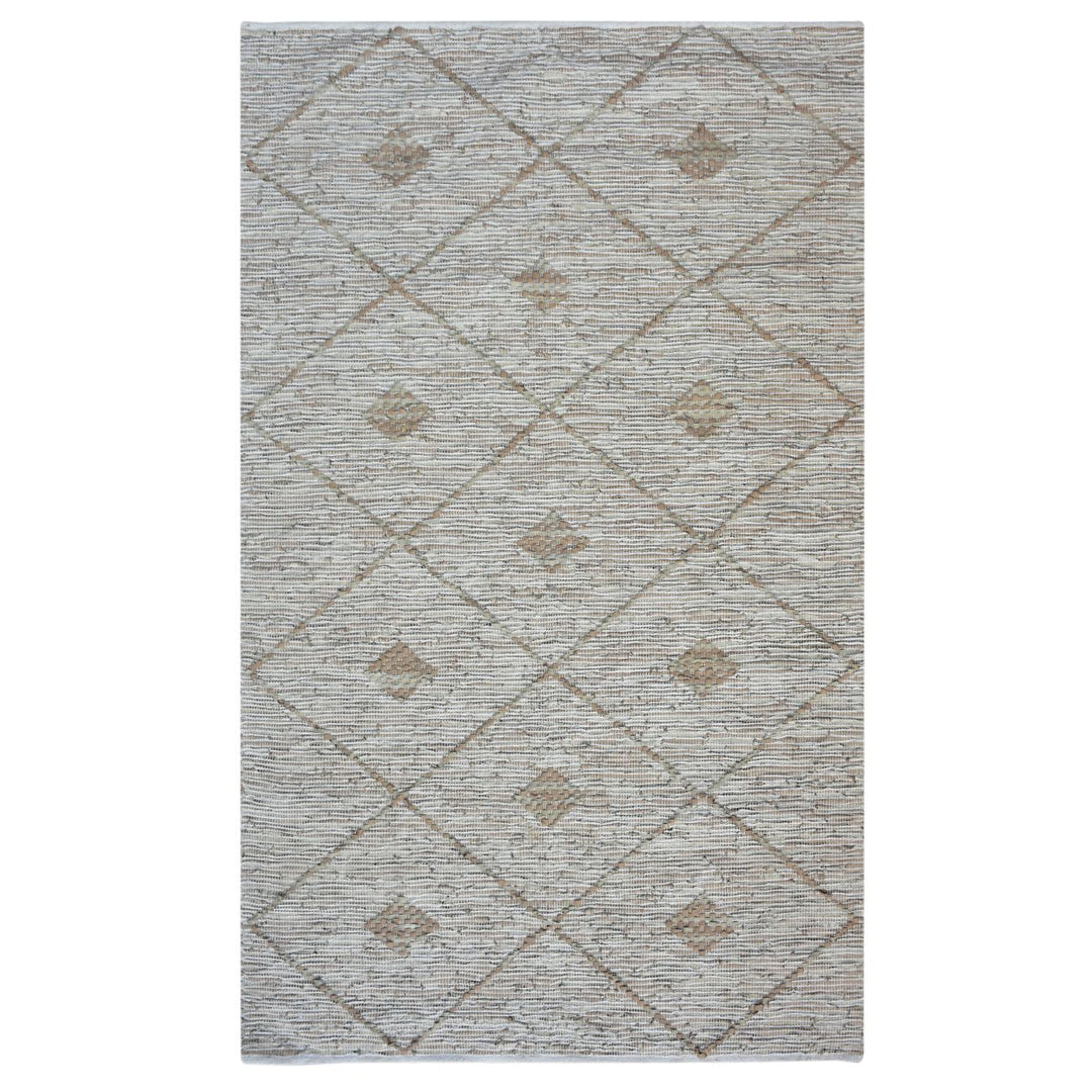 Patterned rug with geometric design on a white background