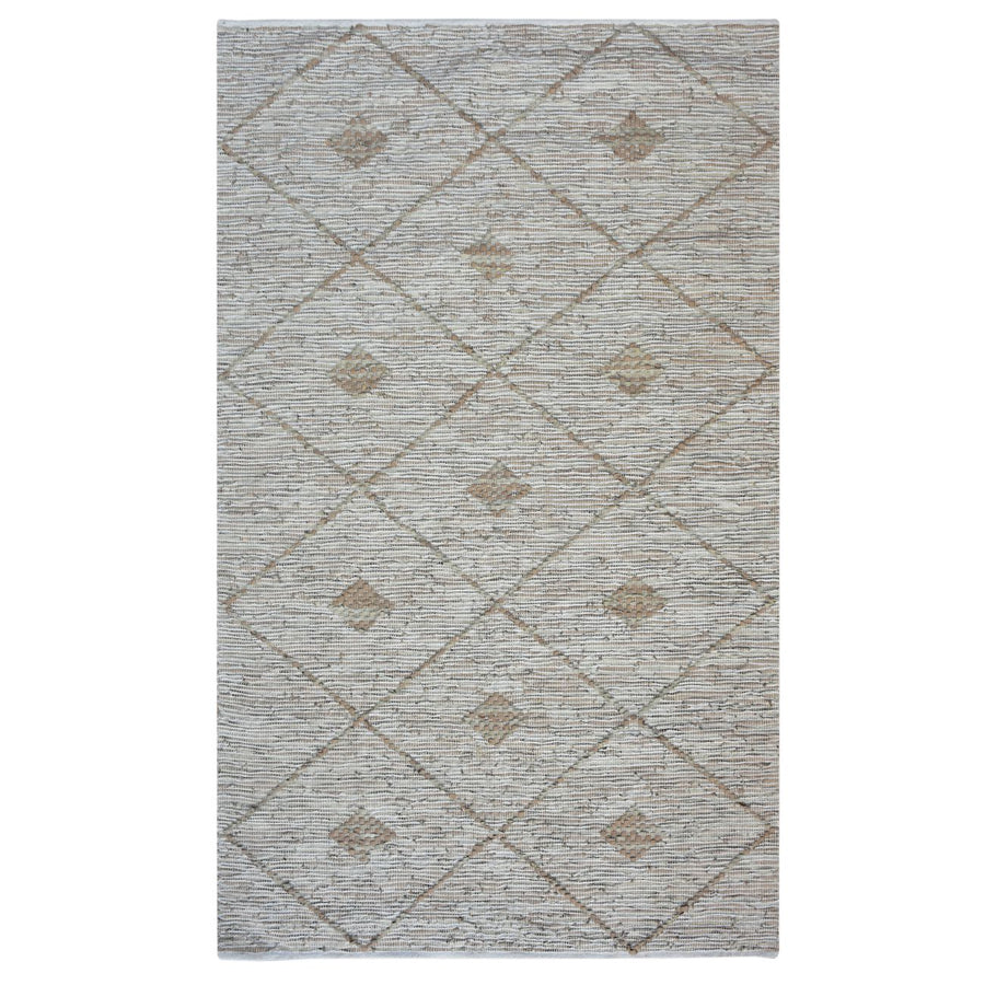 Patterned rug with geometric design on a white background