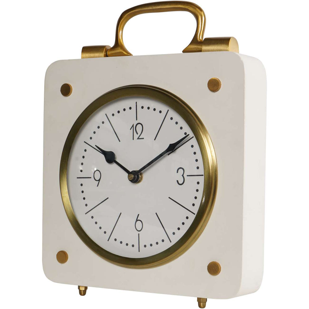 White and gold clock with a handle on a white background