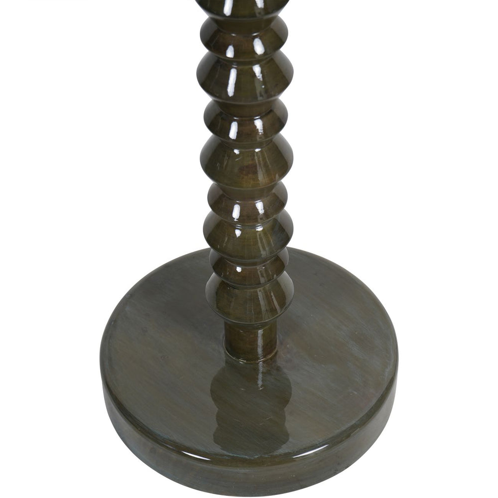 Olive candle holder with spiral design on a white background