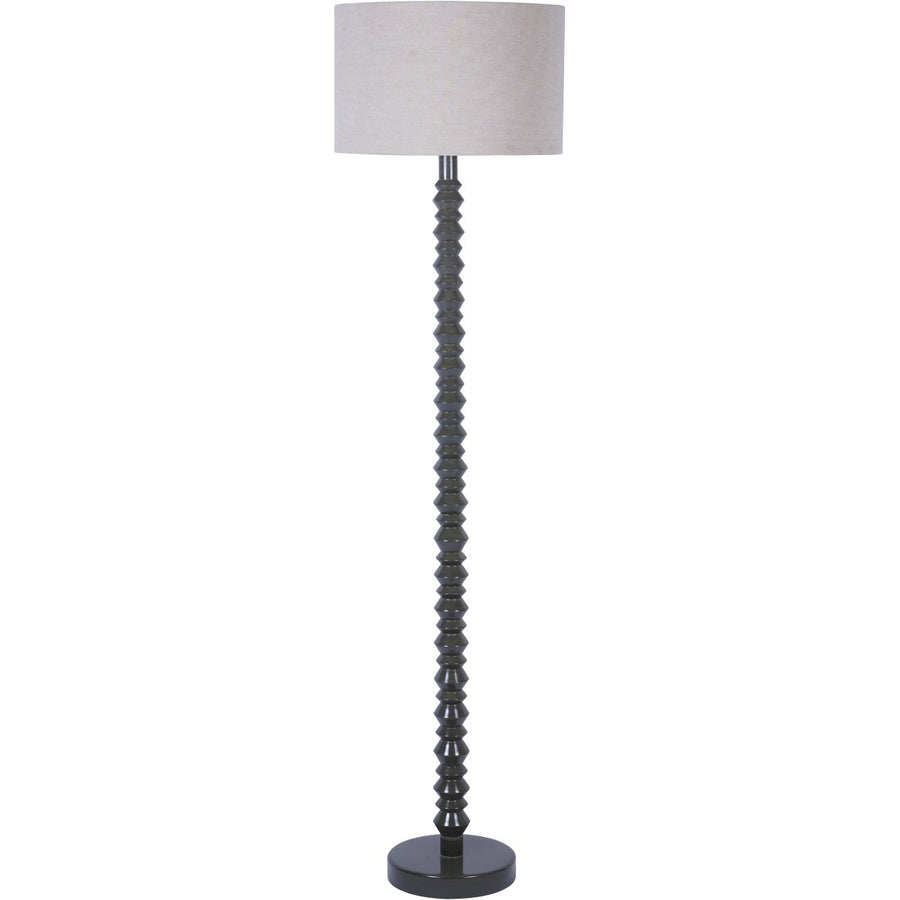 Floor lamp with a textured base and grey shade on a white background