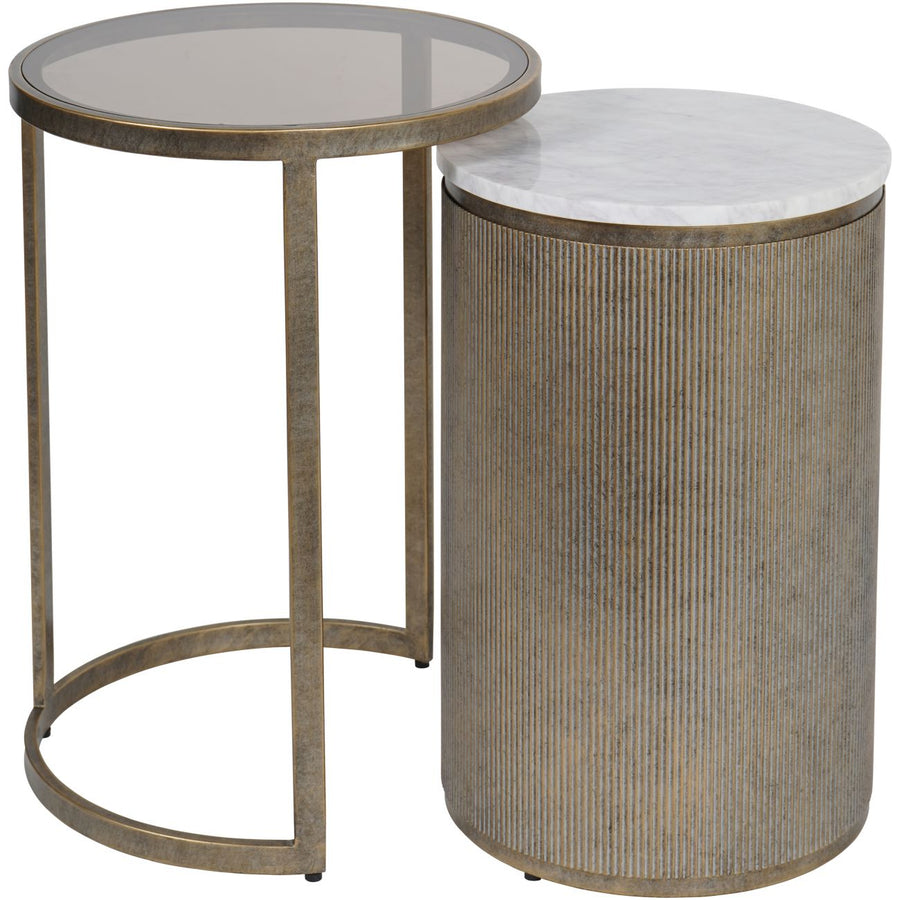 Two round side tables with one having a glass top and the other with a marble top on a white background.