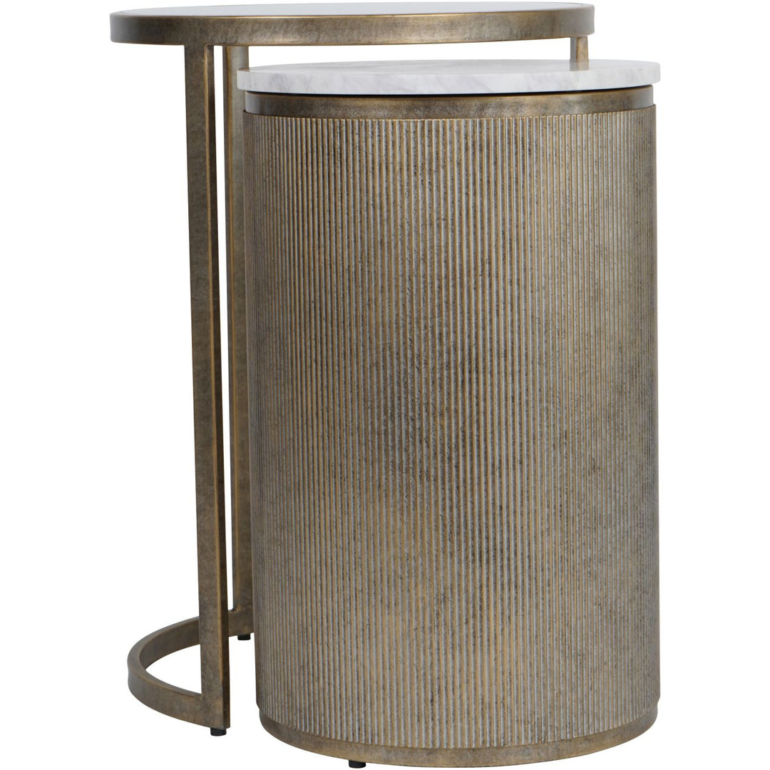 Decorative side table with ribbed cylindrical design and marble top on a white background