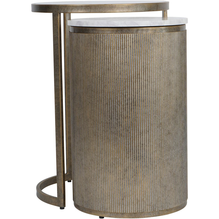 Decorative side table with ribbed cylindrical design and marble top on a white background
