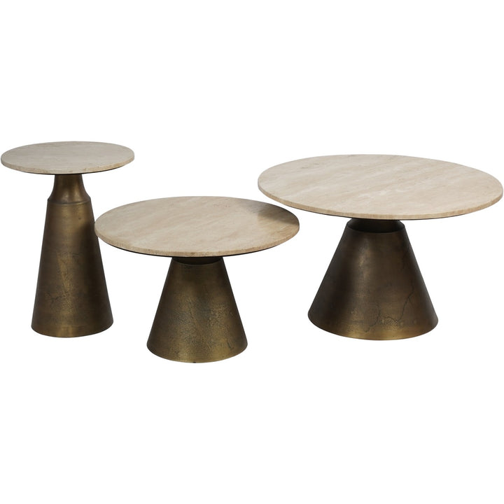 Set of three round tables with bronze bases on a white background