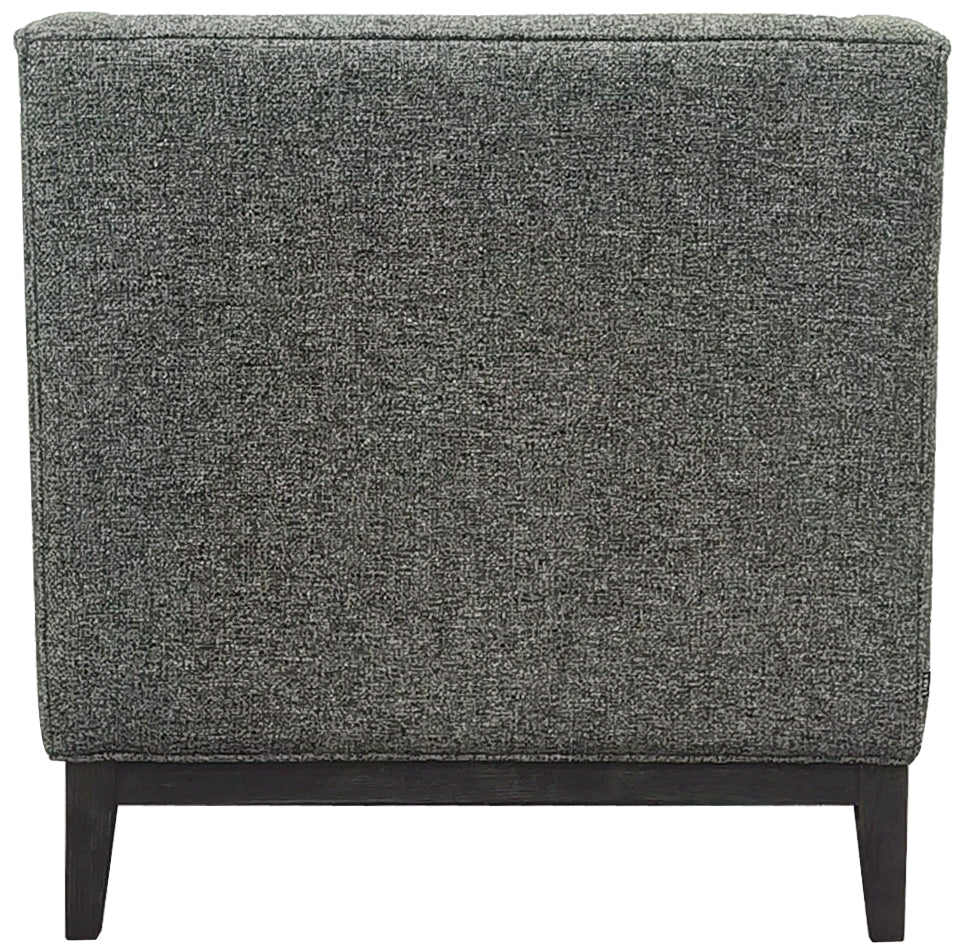 Forest green upholstered chair with wooden legs on a white background