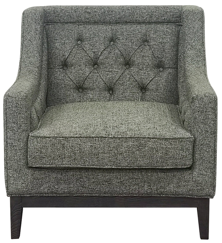 Forest green upholstered armchair with tufted backrest on a white background