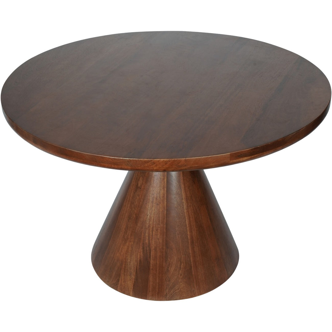Wooden round table with a pedestal base on a white background