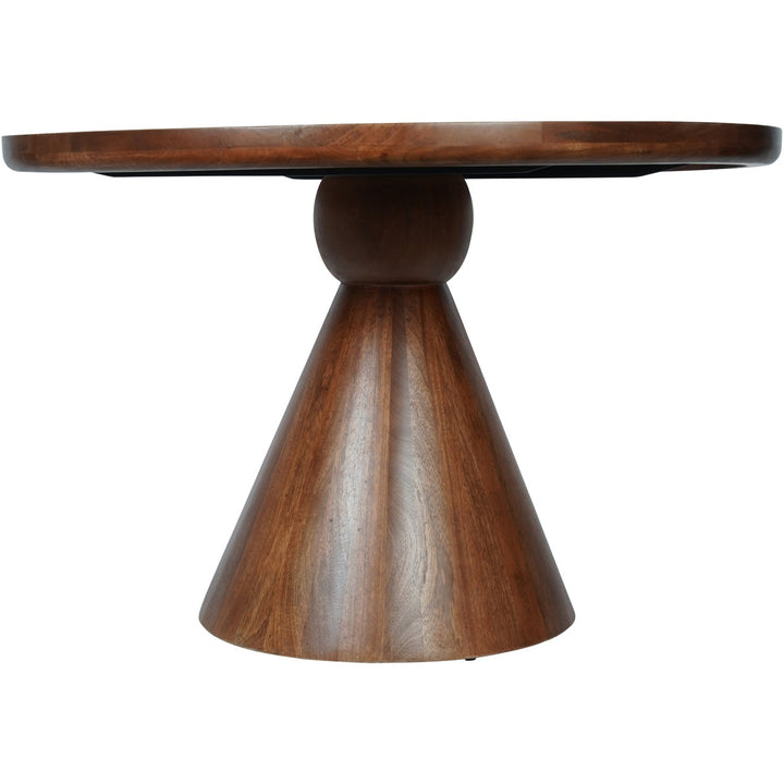 Wooden table with a round top and conical base on a white background