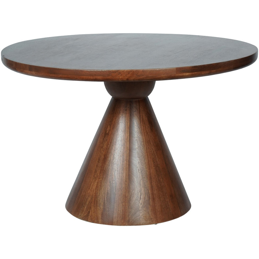 Wooden table with a round top and conical base on a white background
