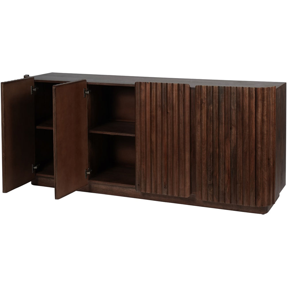 Wooden sideboard with open doors on a white background