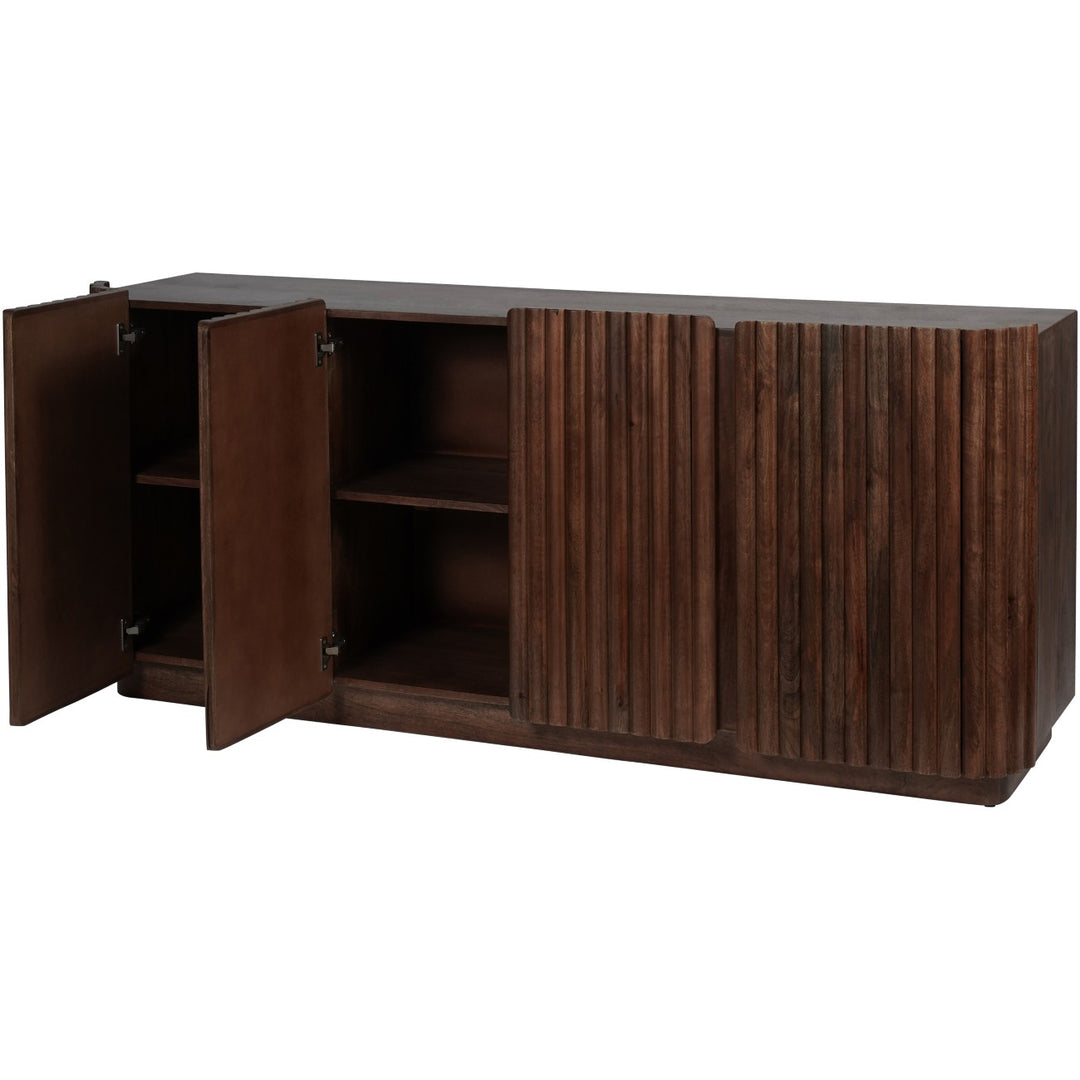 Wooden sideboard with open doors on a white background
