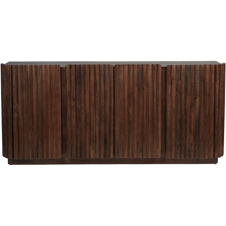 Wooden console table with a dark brown finish on a white background