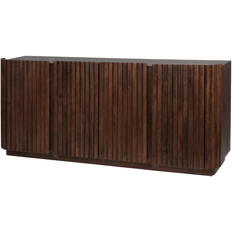 Wooden sideboard with a dark brown finish on a white background