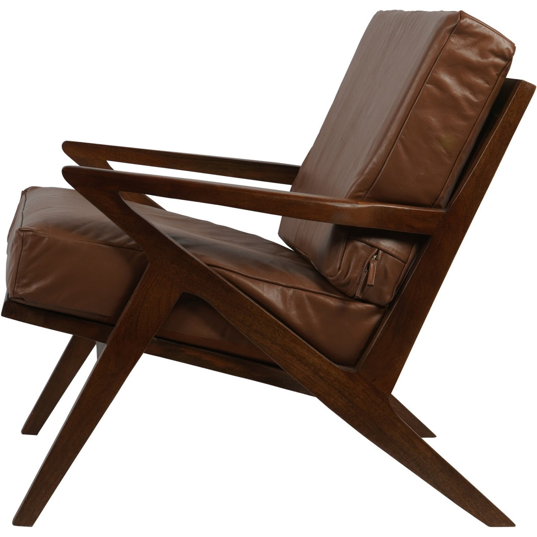 Brown leather armchair with wooden frame on a white background