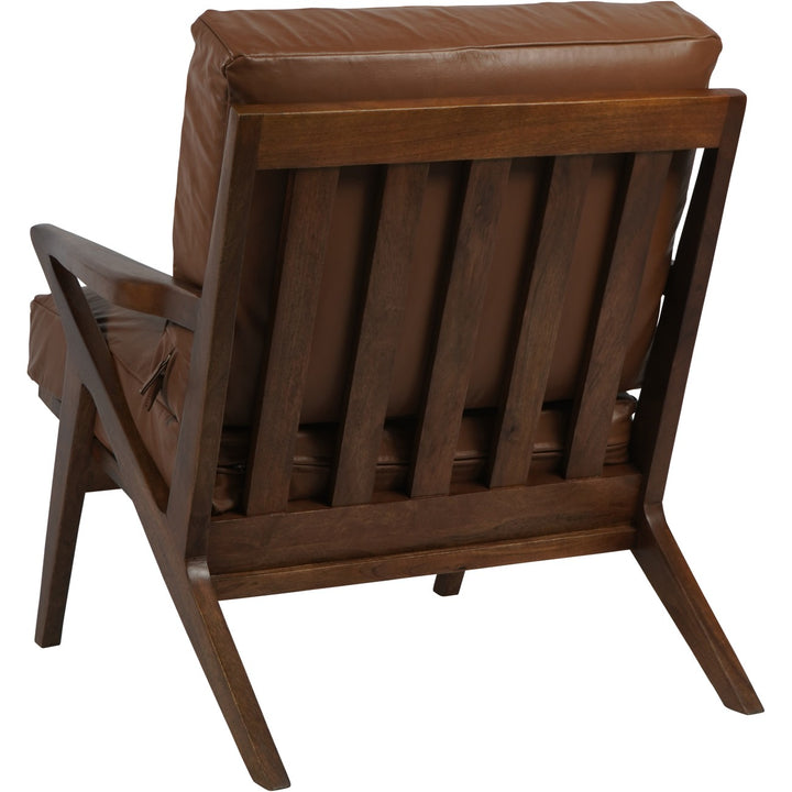 Brown leather armchair with wooden frame on a white background