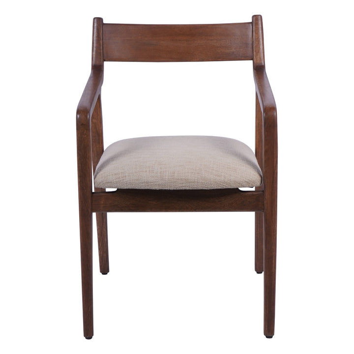 Wooden chair with a beige cushion on a white background