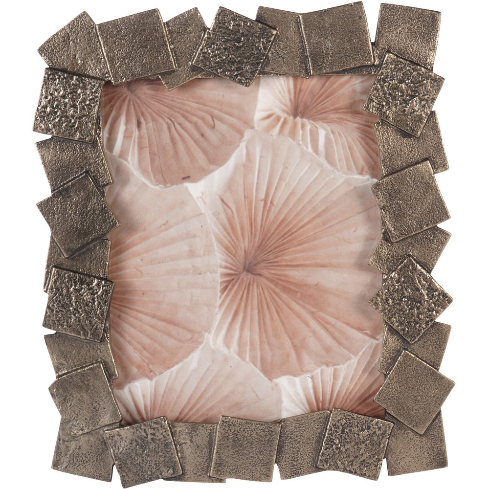 Decorative frame with pink shell design and metallic square accents on a white background