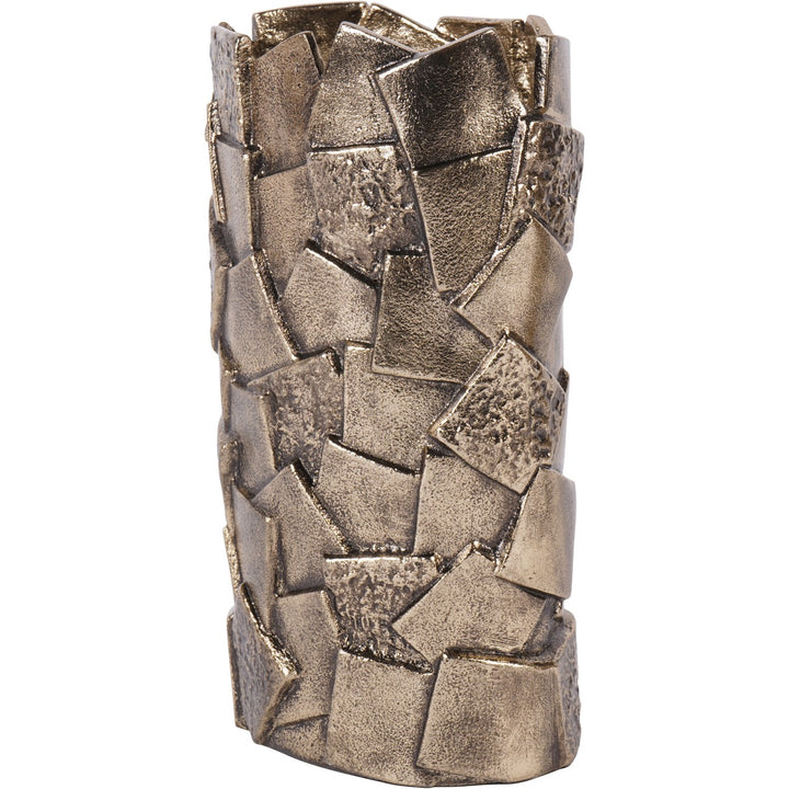 Decorative vase with geometric mosaic design on a white background