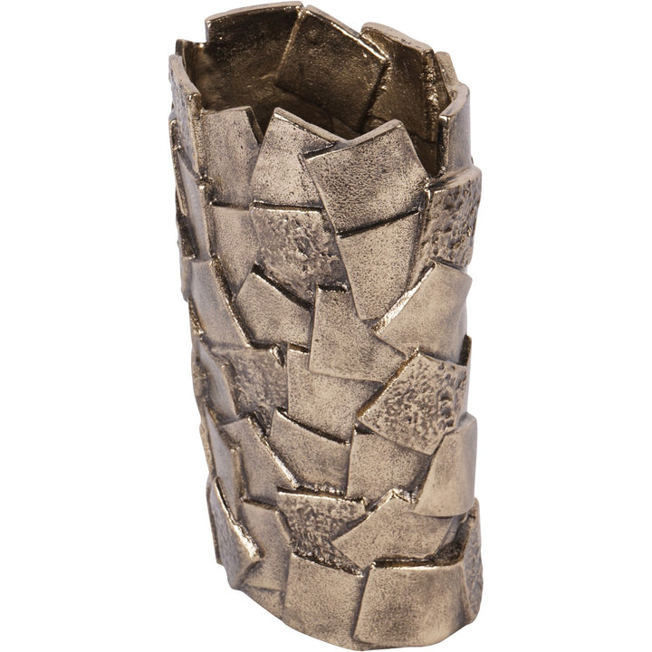Decorative metal vase with geometric pattern on a white background