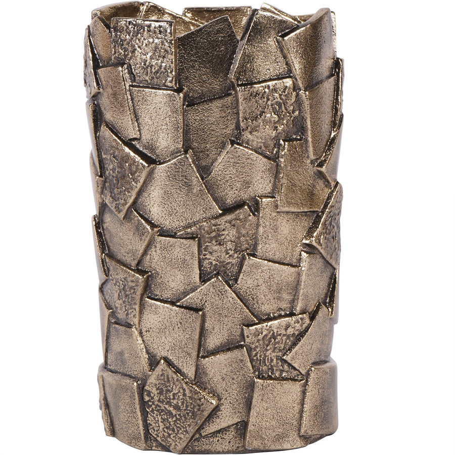 Decorative metallic vase with geometric pattern on a white background