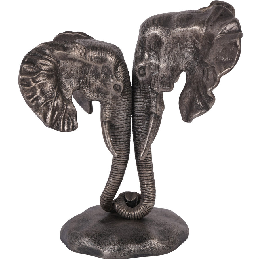 Bronze elephant sculpture with intertwined trunks on a white background