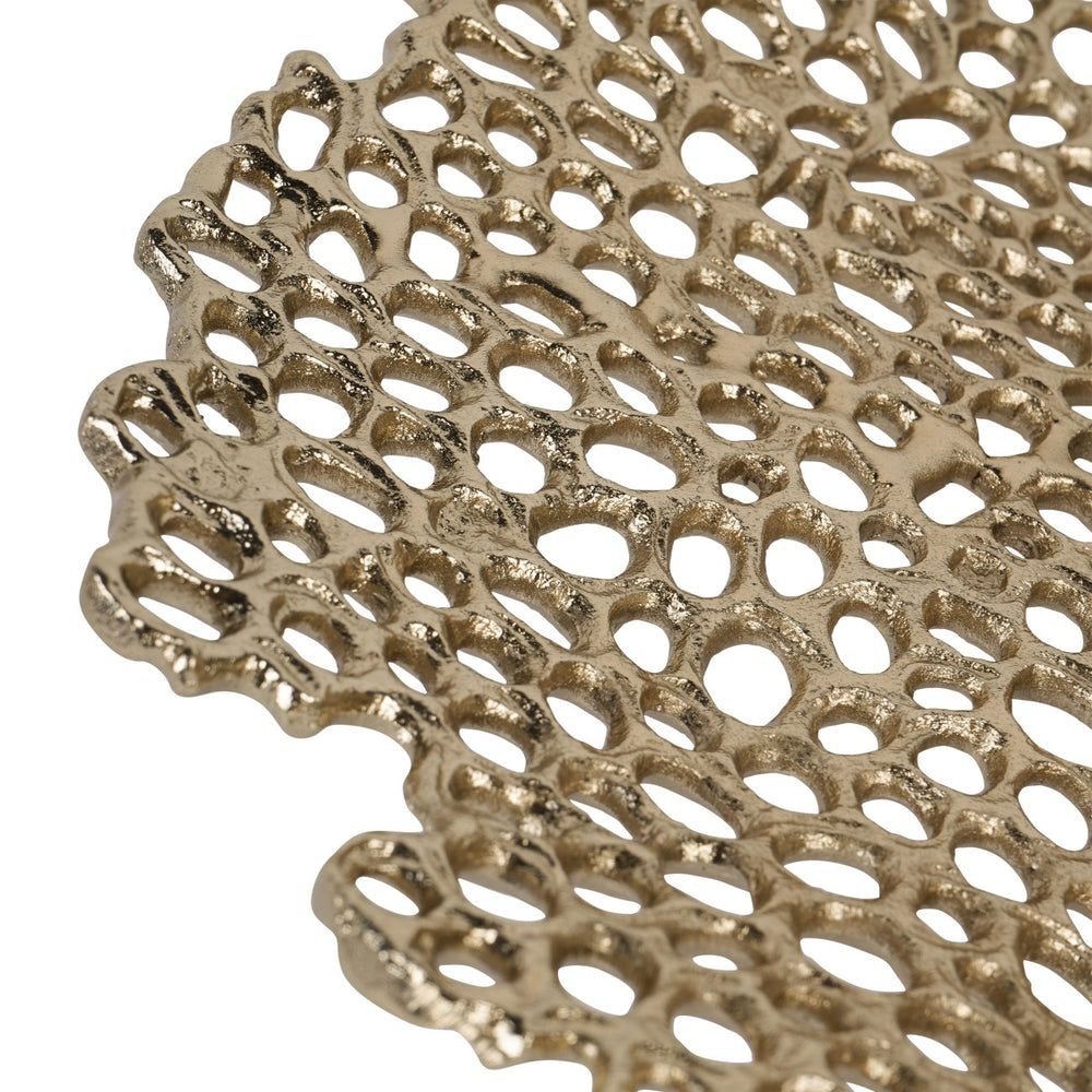 Close-up of a metallic, honeycomb-patterned material on a white background