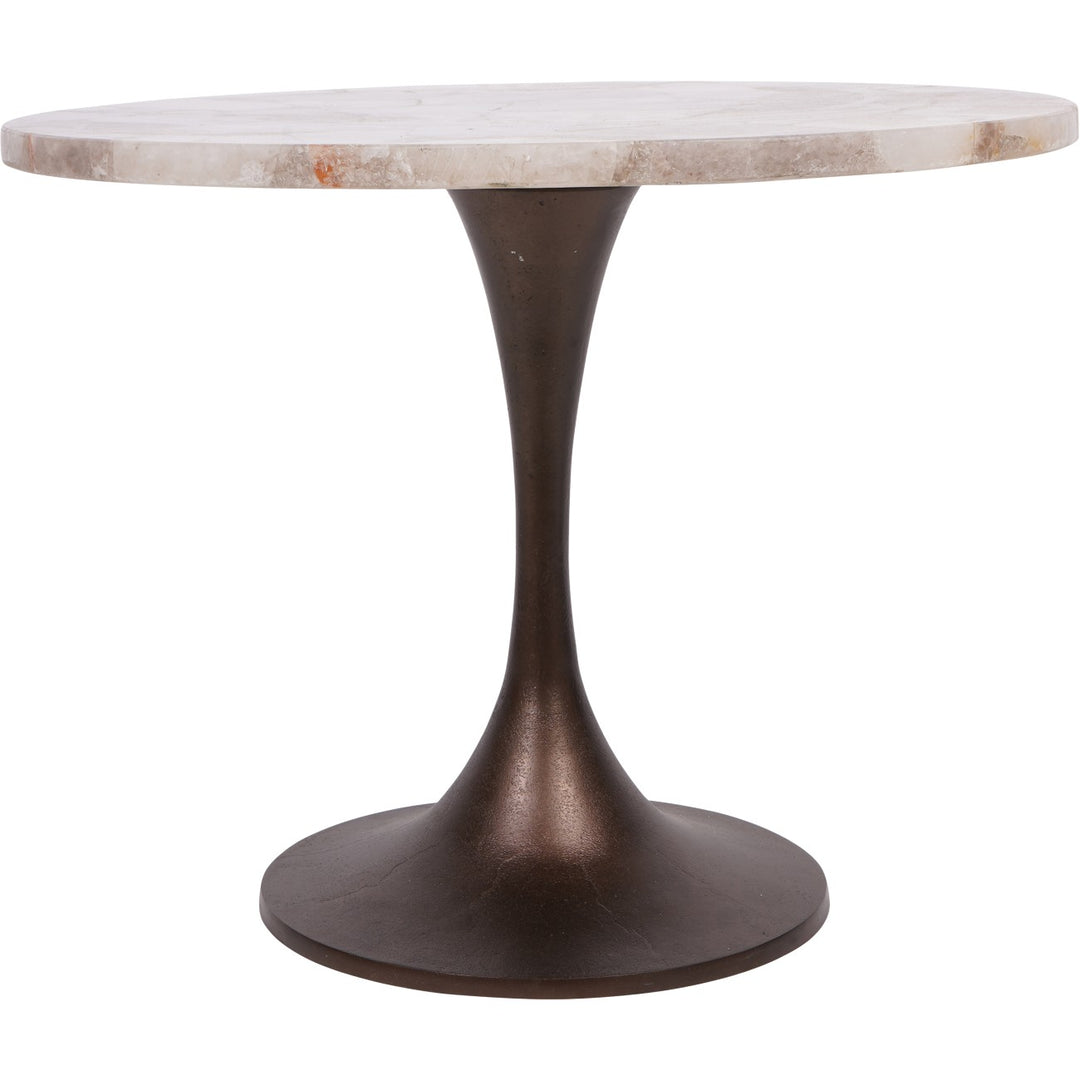 Round table with marble top and bronze pedestal base on a white background
