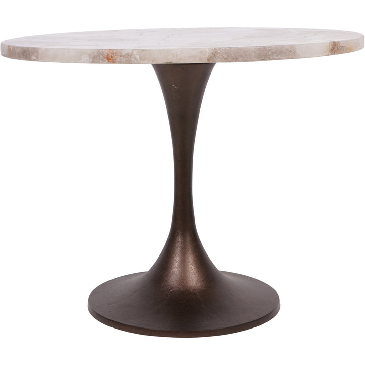 Round table with marble top and bronze pedestal base on a white background