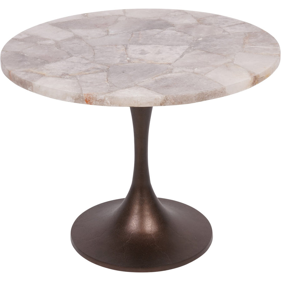 Round marble table with a bronze pedestal base on a white background