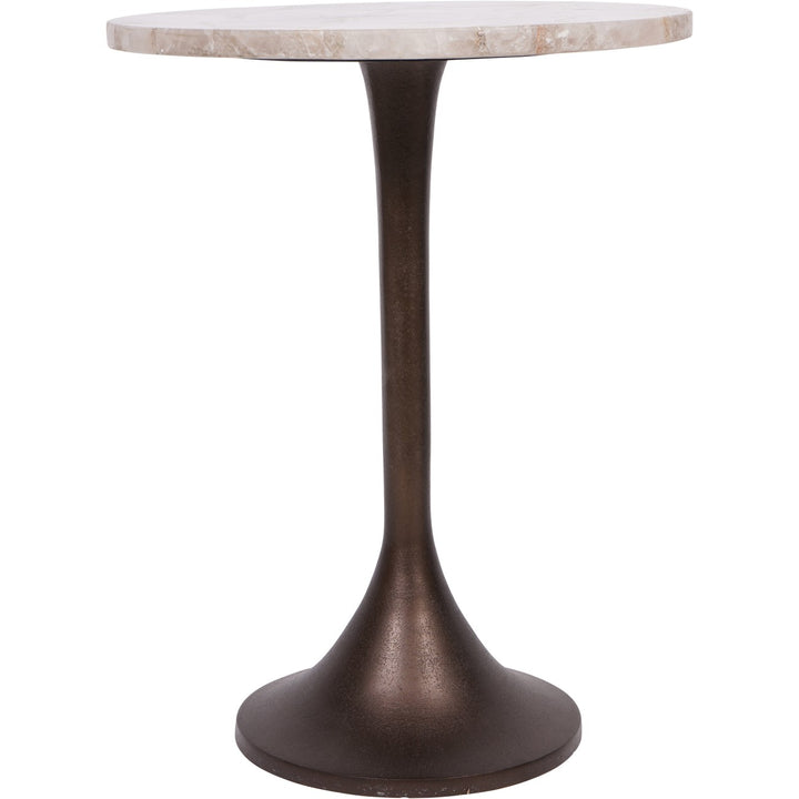Small round table with marble top and bronze base on a white background