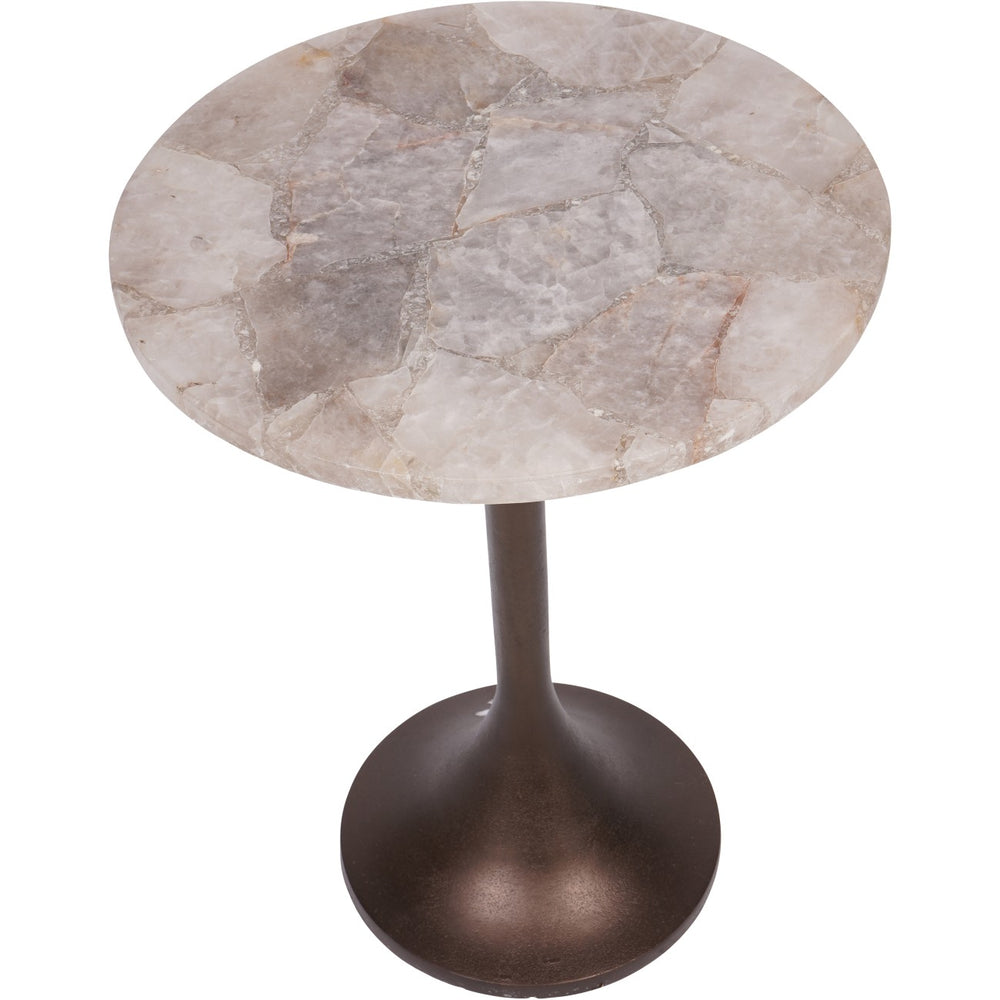 Round marble table with a bronze pedestal base on a white background