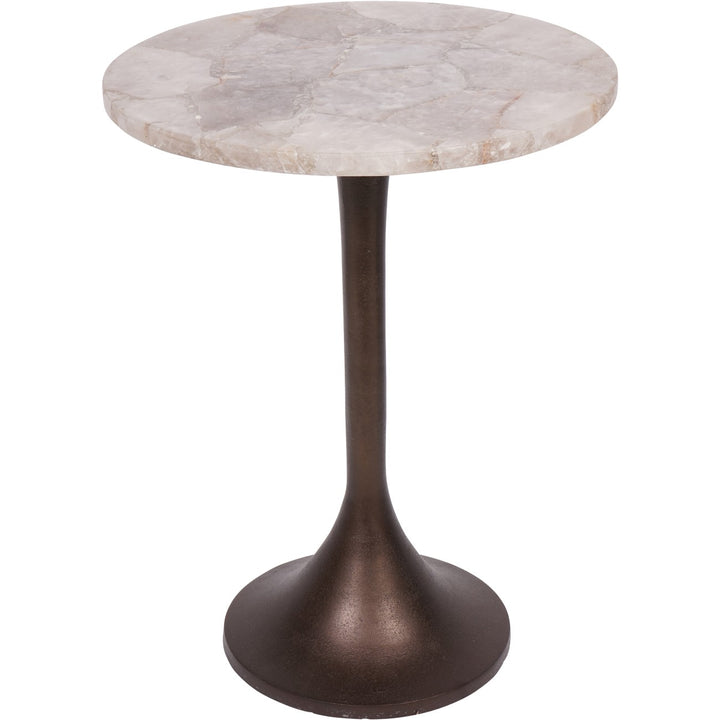 Round side table with marble top and bronze base on a white background